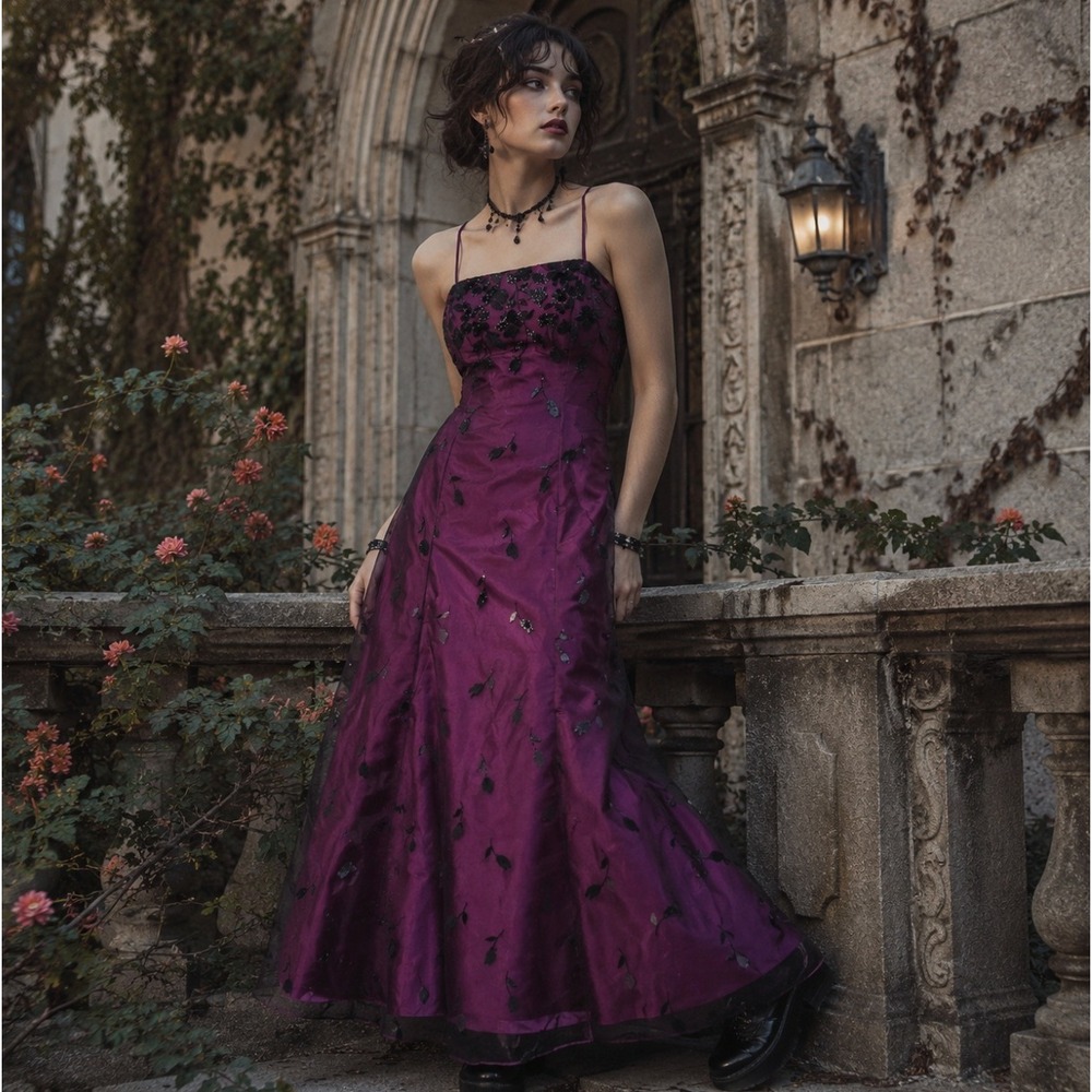 Vintage Floral Velvet Glitter Gown Prom Dress 3 4 90s Y2K Whimsigoth Goth Grunge